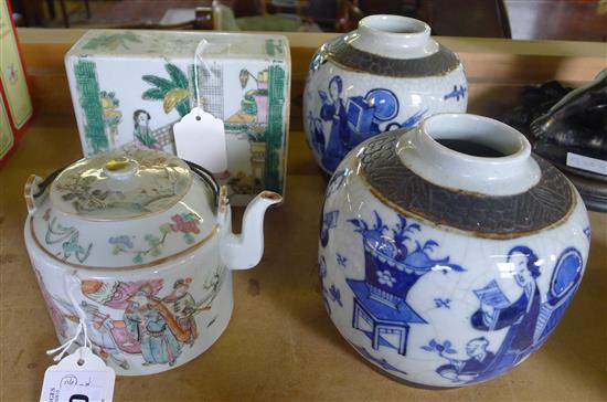 Chinese porcelain famille verte pillow, famille rose teapot & pair blue & white ginger jard (faults)